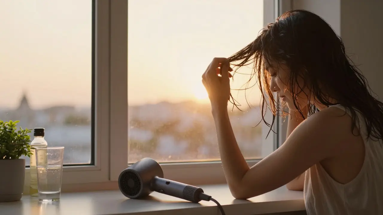 Žena nechává vlasy vyschnout přirozeně u okna při západu slunce.