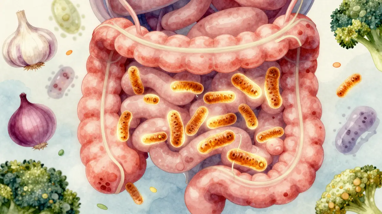 Živé laktobacily v části střeva s přirozenými prebiotickými potravinami kolem