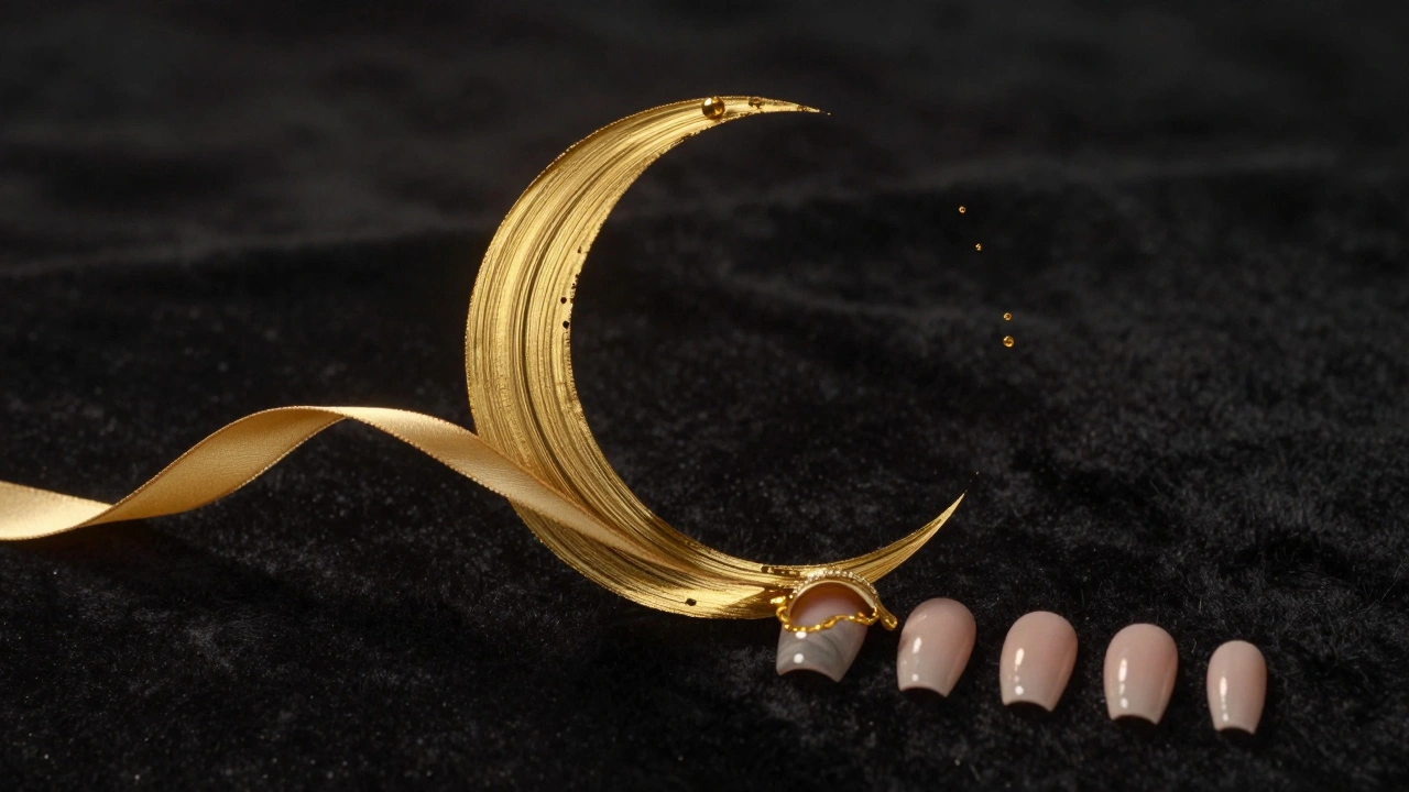 Zlatá čára se mění v měsíčník a tečky, symbolizující pokročilý návrh manikúry.