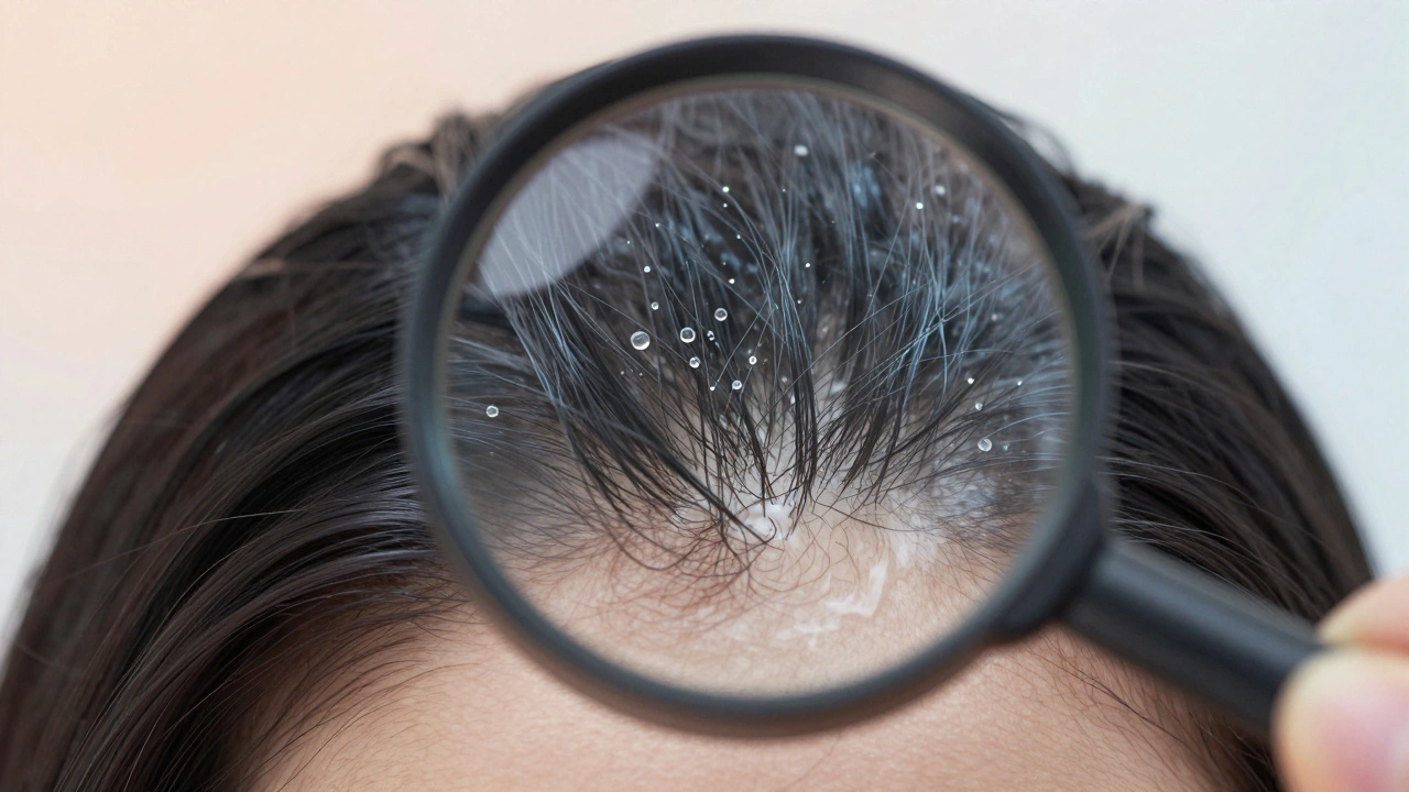 Zvětšený pohled na čistou kůži hlavy bez zbytků produktů.