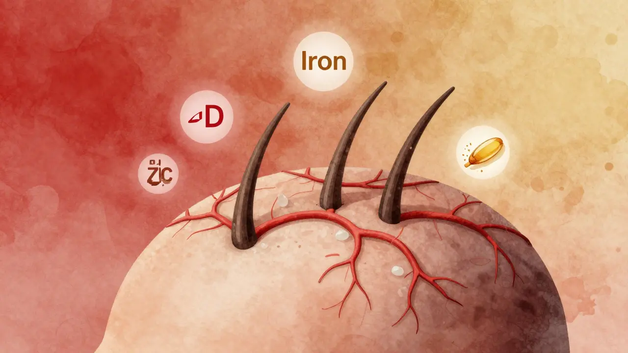 Zvětšený pohled na zdravý vlasový kořínek s živinami v okolí.