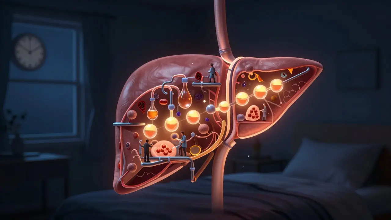 Abstraktní ilustrace játra jako továrny, kde se etanol přeměňuje na méně jedovaté látky.