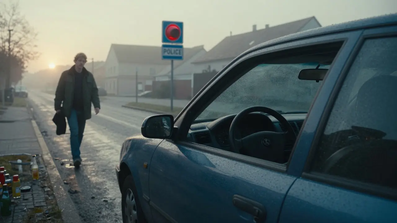 Auto na klidné ulici ráno, vnitřek prázdný, v dálce policejní radar, člověk odejde.