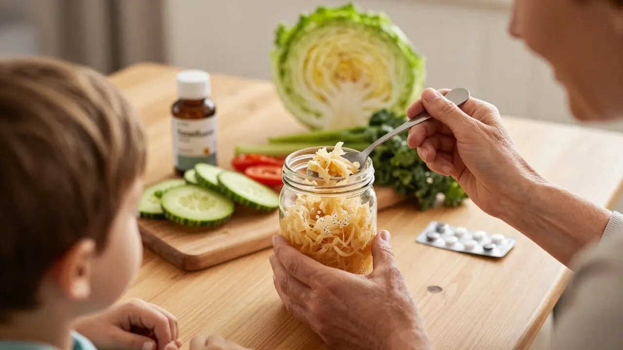 Babička podává dítěti kysané zelí, na pozadí probiotikum a zelenina.