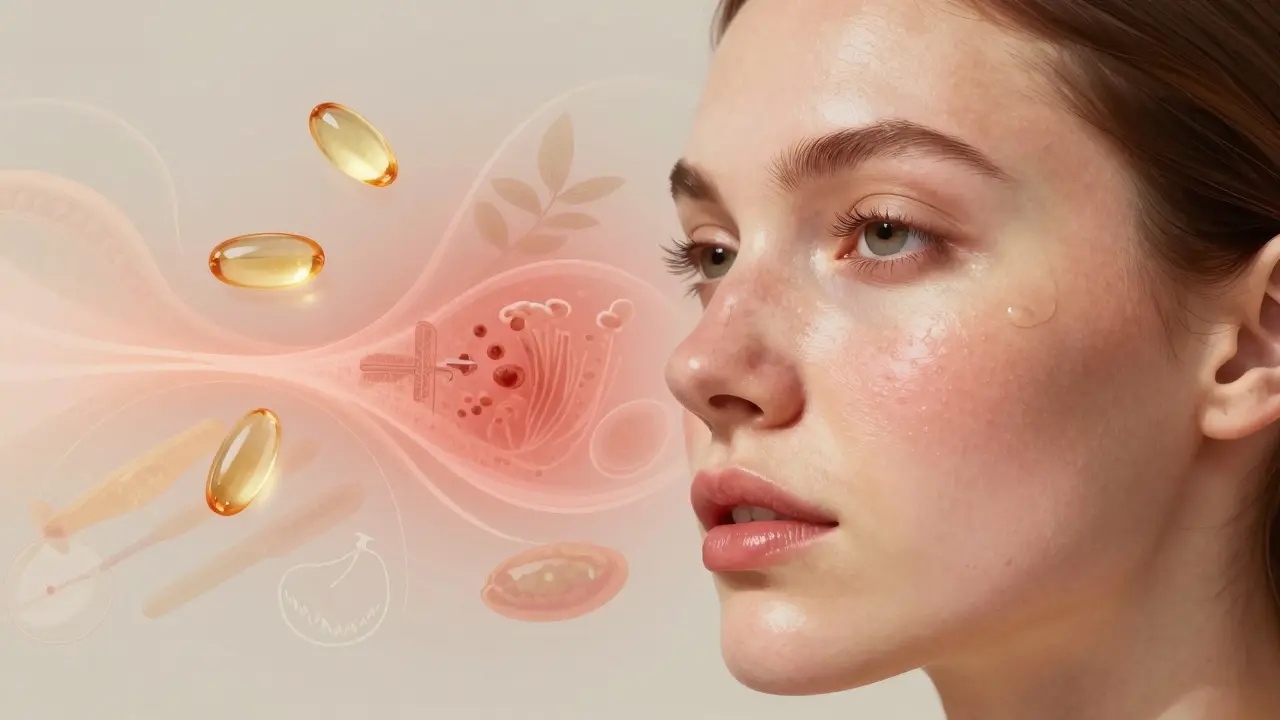 Dvě strany pokožky: jedna s akné a červenáním, druhá se zdravým, lesklým vzhledem.