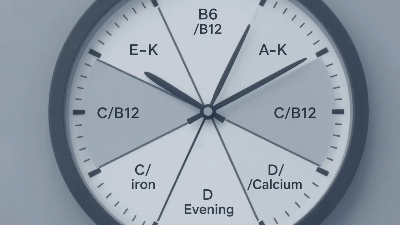 Hodiny s významnými páry vitamínů, které ukazují, kdy je bezpečné je užívat v různých časech dne.
