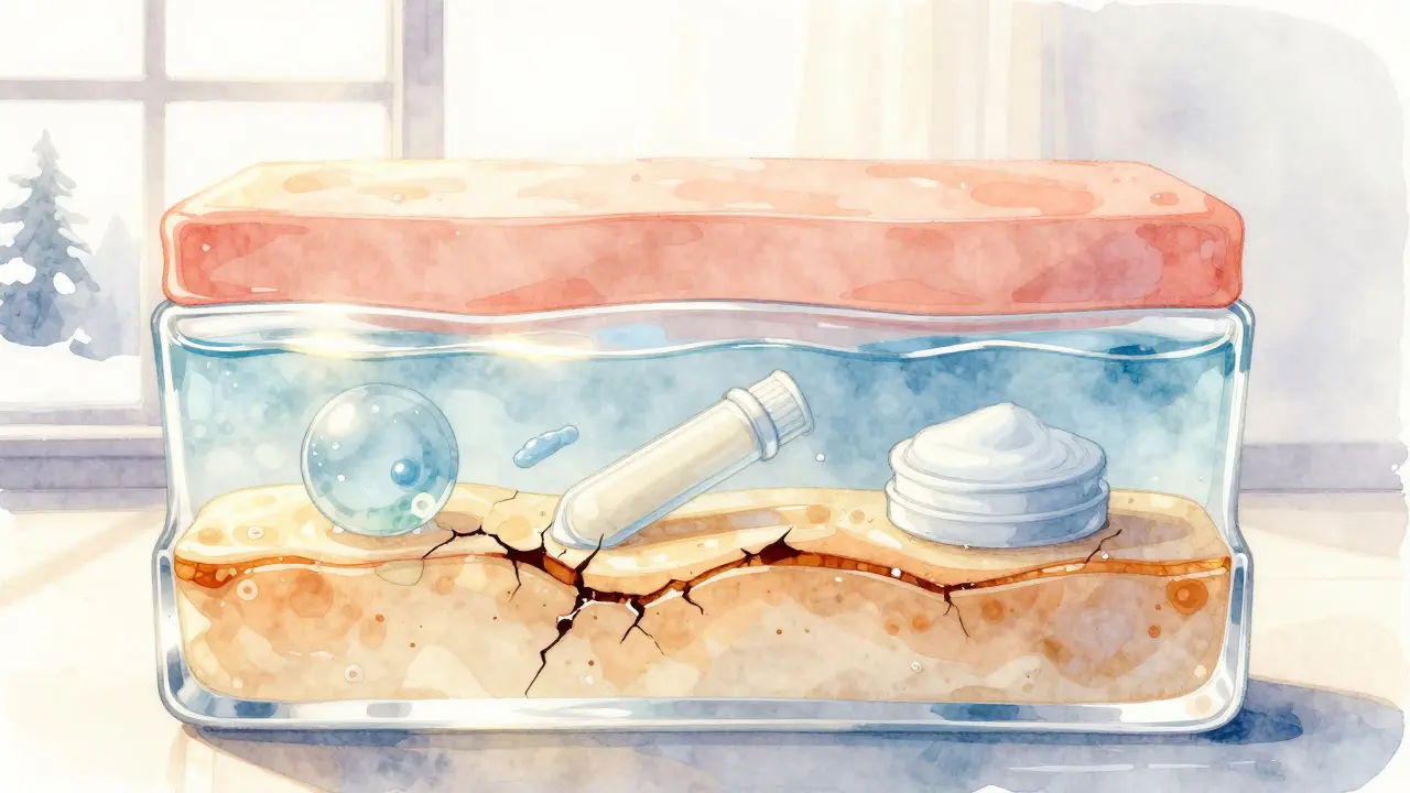 Ilustrace poškozené lipidové bariéry, kterou obnovují hydratační látky, až k hladké, zdravé pleti.