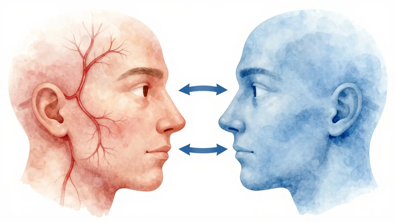 Ilustrace srovnávající kůži s rozšířenými a zuženými krevními cévami.