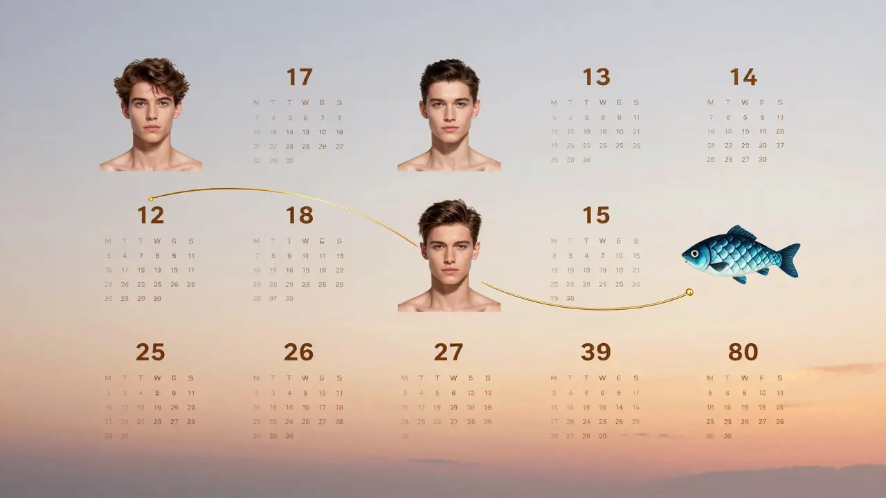 Kalendář od 25 do 80 let s ikonami pokožky, kloubů a vlasů spojenými zlatou čárou.