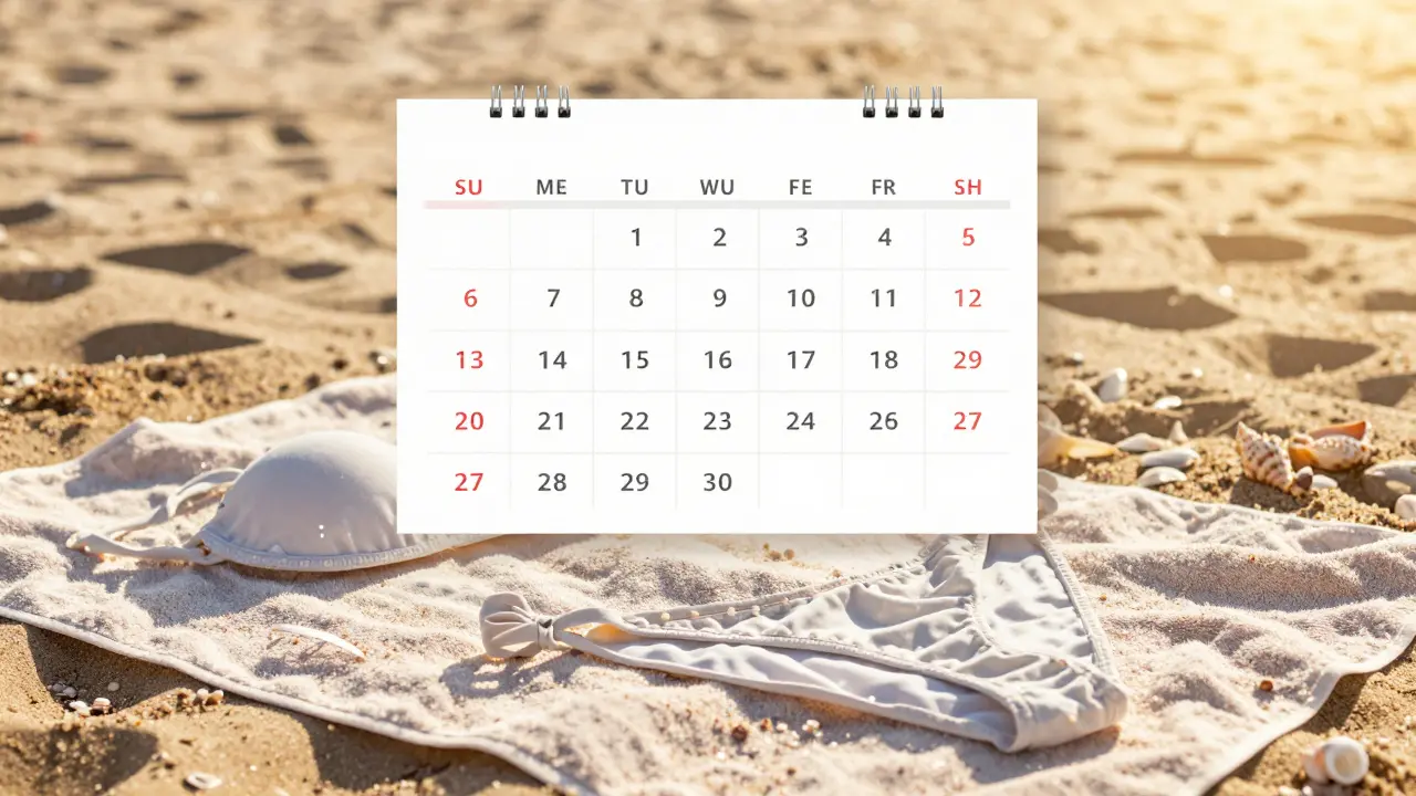 Kalendář s označenými dny a bikinami na plážové ručníku.