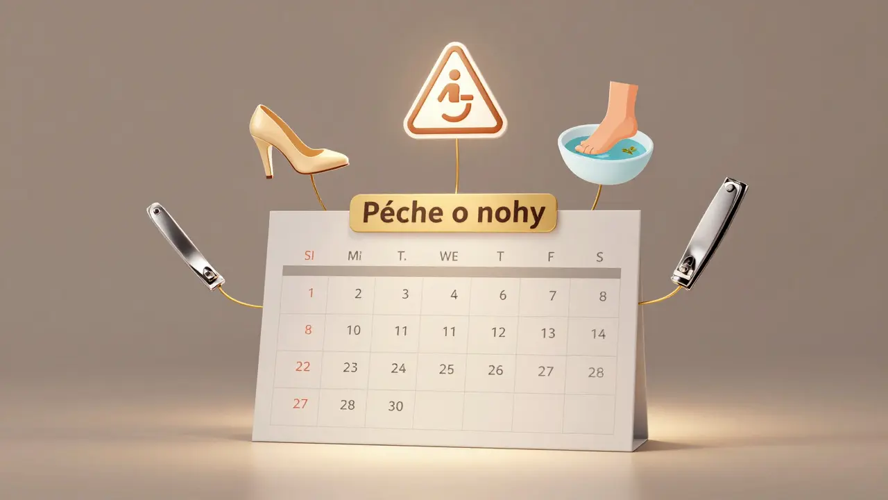 Kalendář s označenými týdny a symboly péče o nohy, spojené zlatou nití.