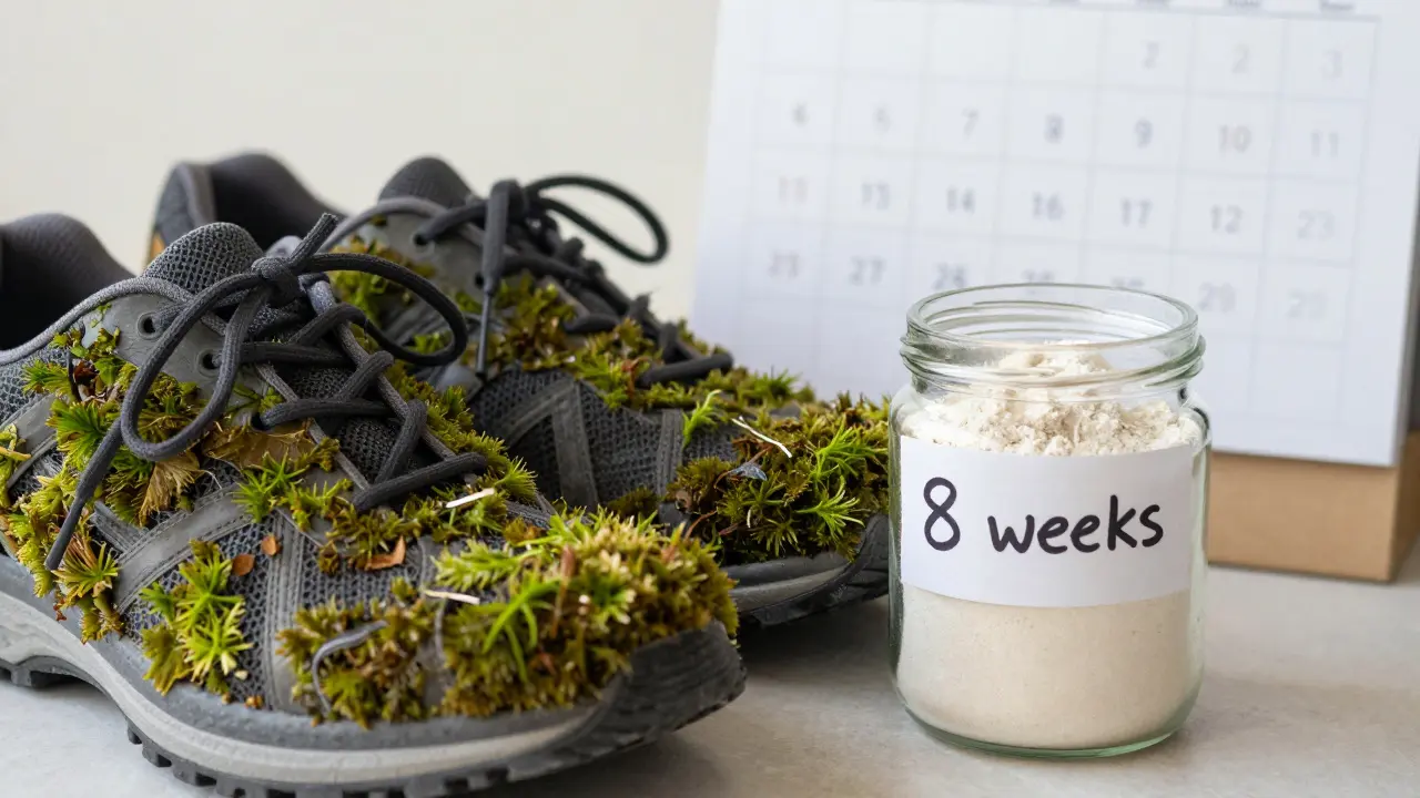 Kopírovací boty vedle sklenice kolagenu a kalendáře s označenými týdny.