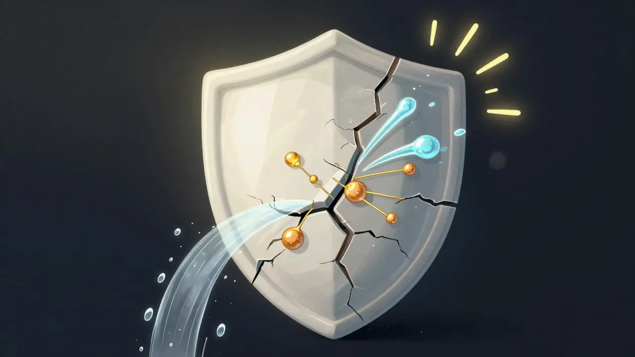 Křehká keramická bariéra kůže se opravuje zlatými vlákny ceramidů a kyseliny hyaluronové, symbolická představa obnovy.