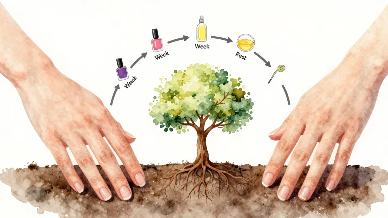 Kruhový cyklus péče o nehty: gel lak, klasický lak a odpočinek bez laku v grafické podobě.