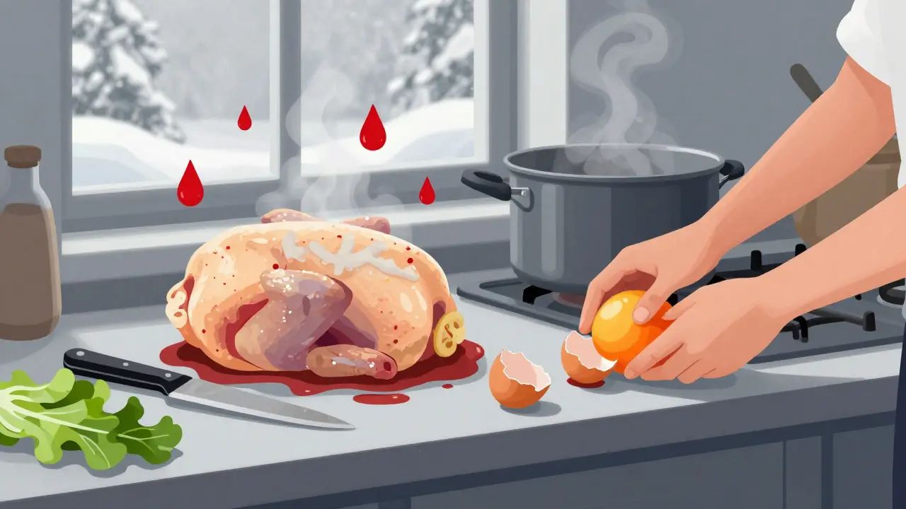 Kuchyňský stolek s kontaminovanými potravinami a neumytými rukama.