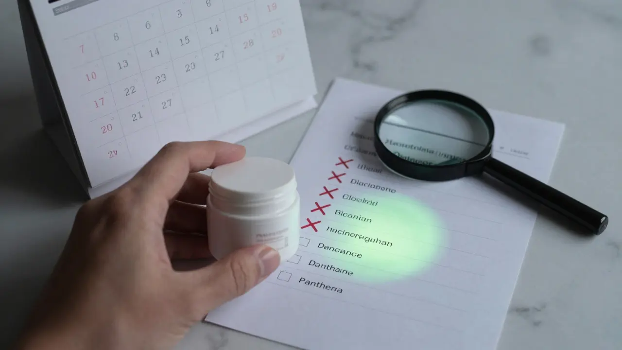 Malý vzorek krému vedle kalendáře a seznamu složek s výrazně vyznačenými látkami.