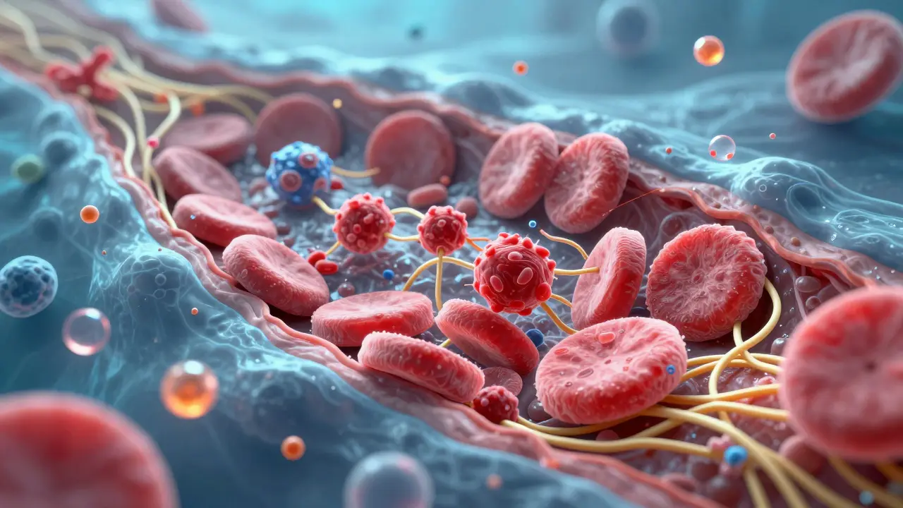 Mikroskopický pohled na hojení rány s krevními destičkami a kolagenem.