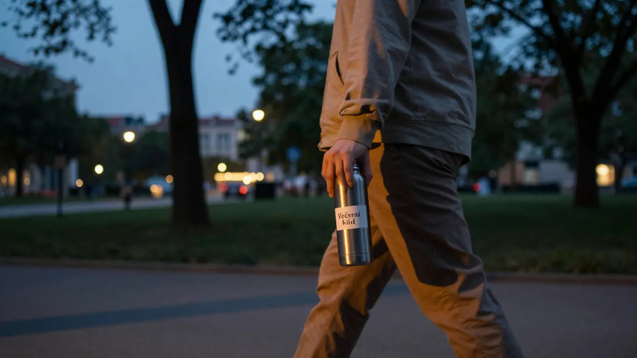 Osoba prochází parkem večer s termoskou, bez alkoholických nápojů.