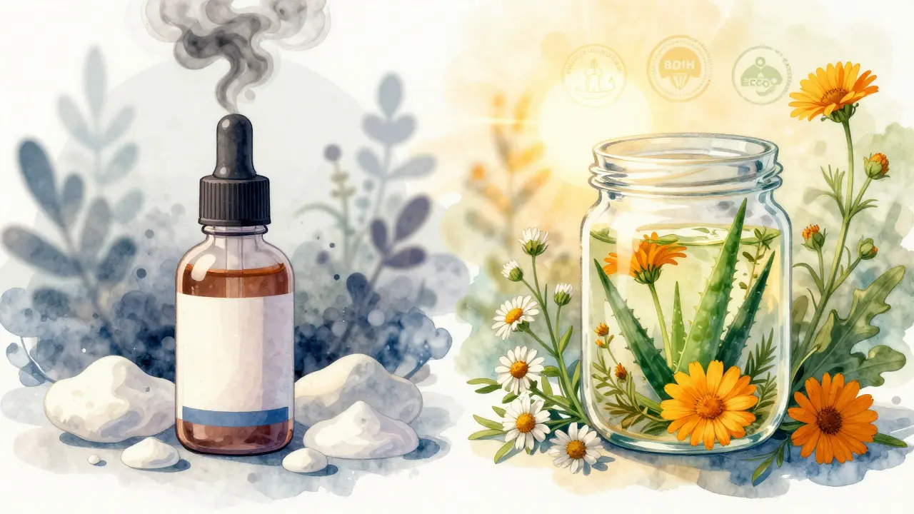 Porovnání chemické kosmetiky a přírodních ingrediencí v ilustrativním stylu.