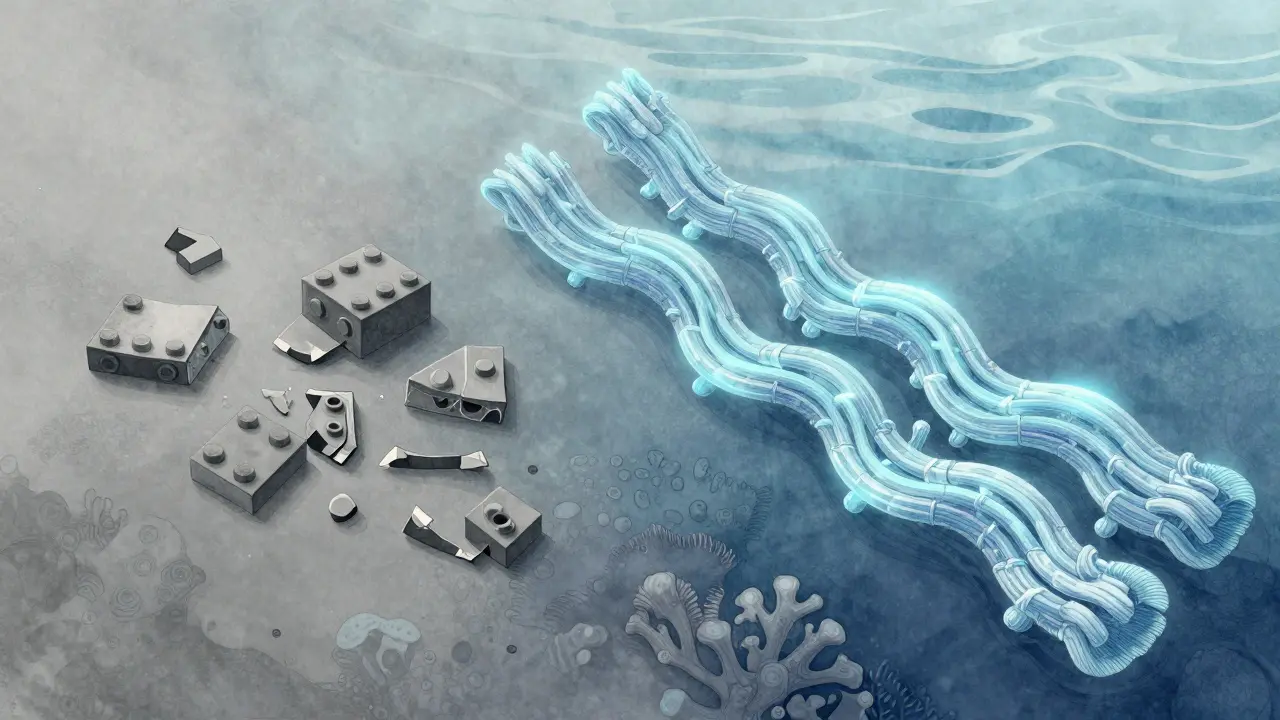 Porovnání struktury hydrolyzovaného a nativního kolagenu jako rozbitých a celých vláken.