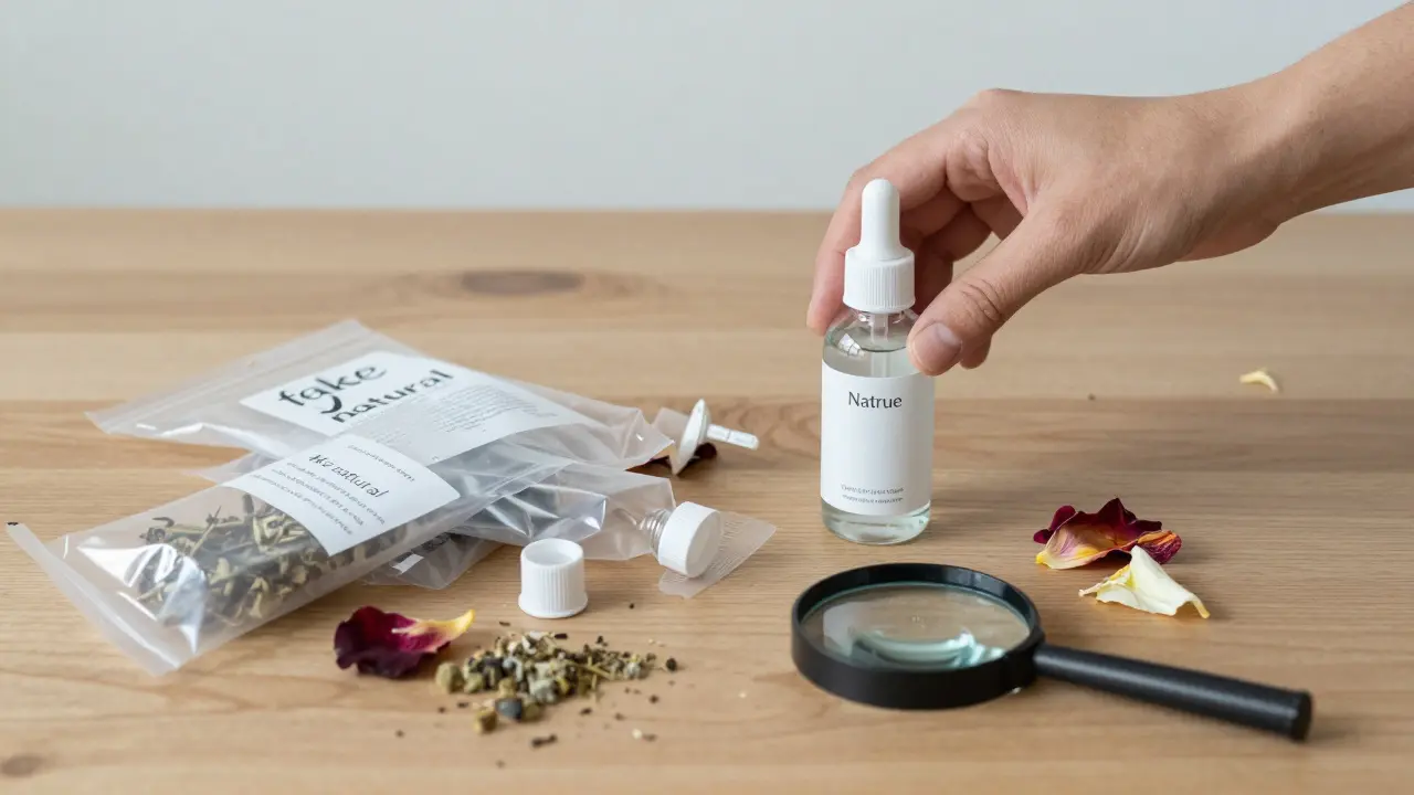 Přírodní kosmetika s certifikací vedle odhozeného plastového balení.