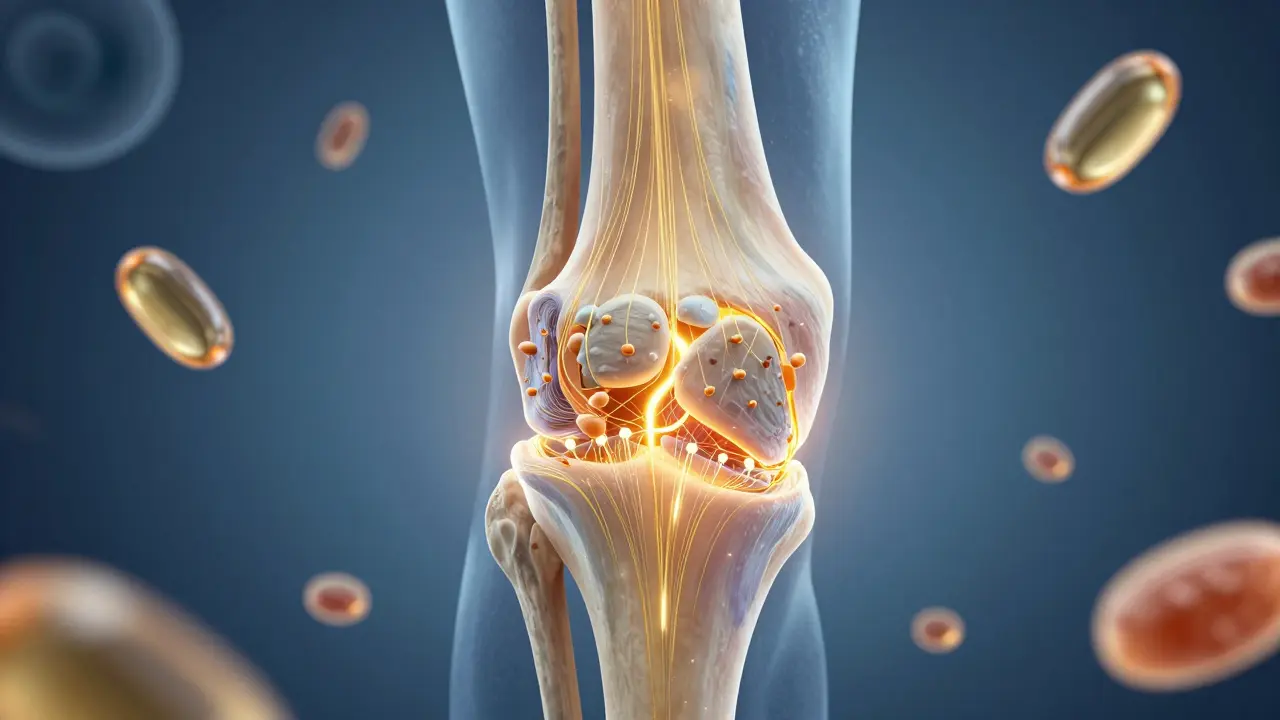 Průřez kloubu, kde se pomalu obnovuje chrupavka zlatými vlákny kolagenu a molekulami vitamínu C.