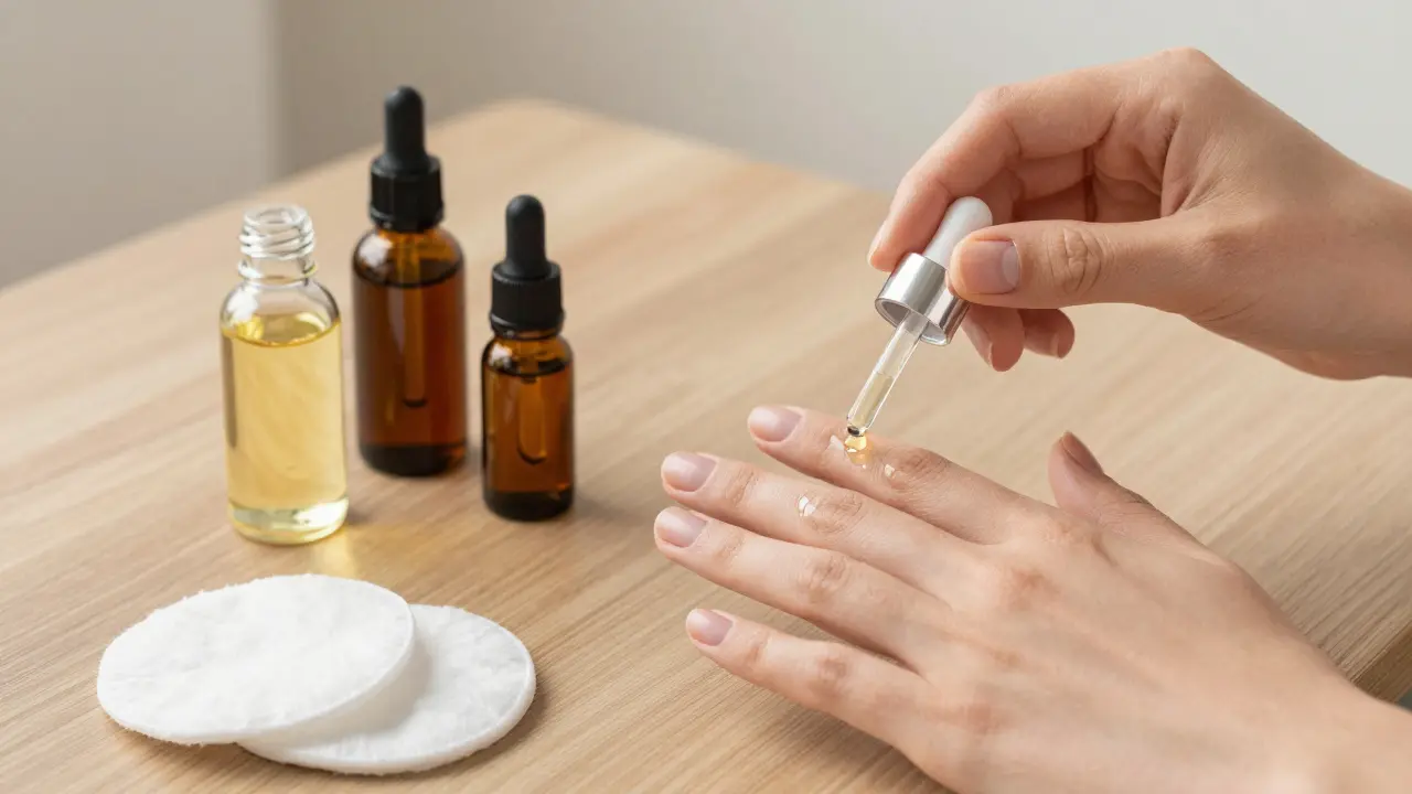 Ruka aplikující olej na nehty s láhvičkami olejů a doplňky biotinu na pozadí.