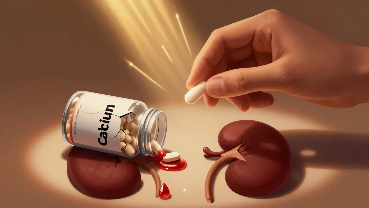 Ruka drží doplněk a vápník, z něj vytékají kapky do stínu ledviny, symbolizující přílišnou dávku.