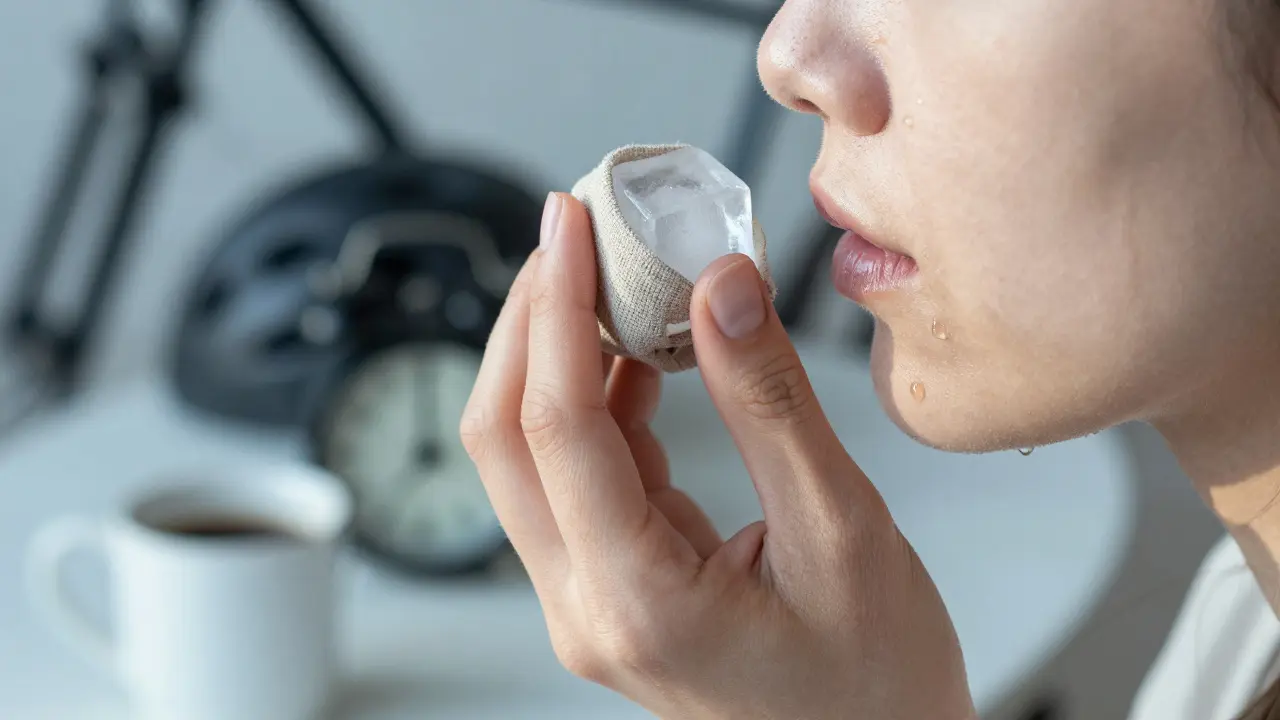 Ruka drží led obalený v lněném hadříku, když se tání na tváři.