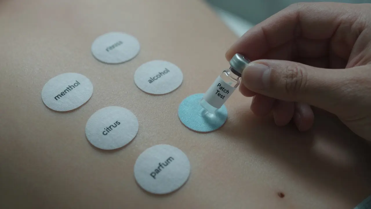 Ruka drží zkoušku patch testu s malými nalepenými kousky látek, které mohou podráždit citlivou pleť.