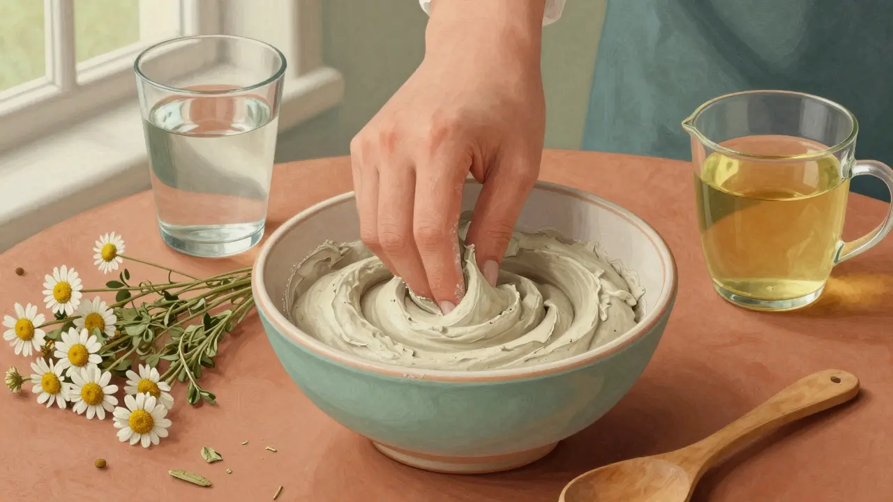 Ruka míchá hlínu a bylinkový čaj do pasty v keramické míse.