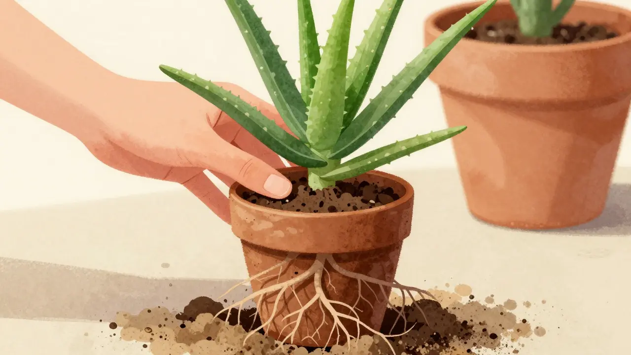 Ruka opatrně rozkládá kořeny aloe veru při přesazování do nové půdy.
