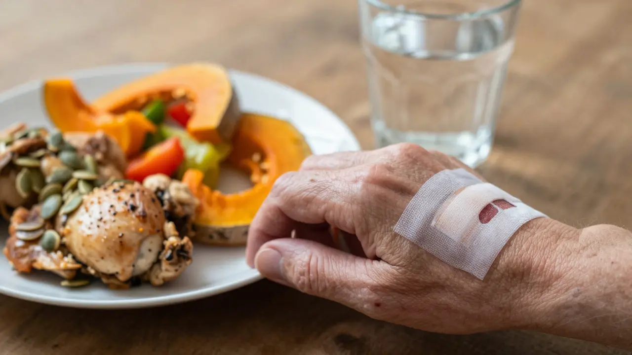 Ruka s hydrokoloidním obkladem a zdravou stravou pro hojení.