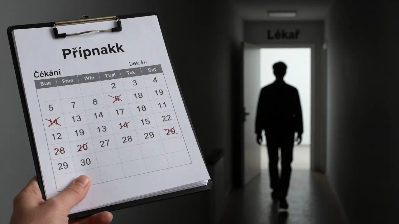 Ruka s kalendářem a cesta od čekání k lékaři.