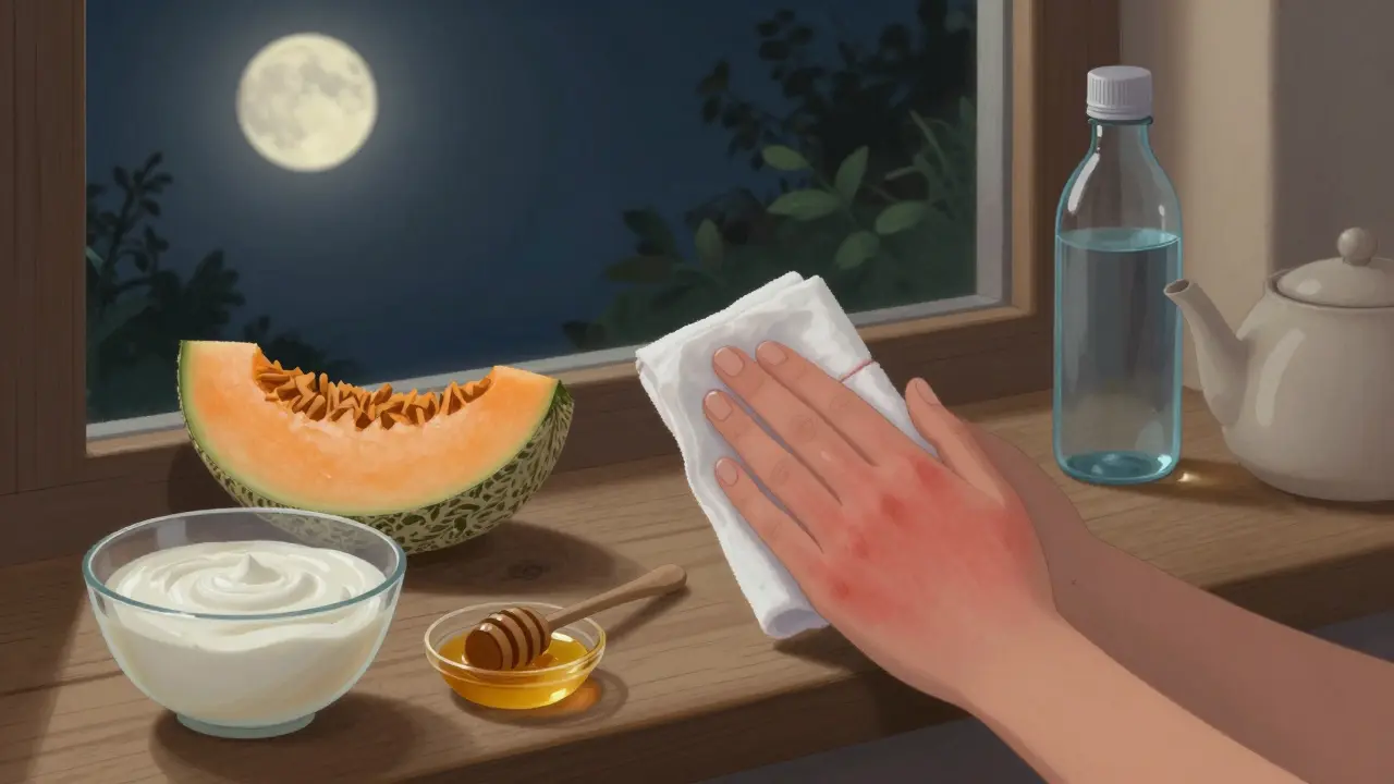 Teplý obklad z černého čaje na červené pokožce ve večerním světle.