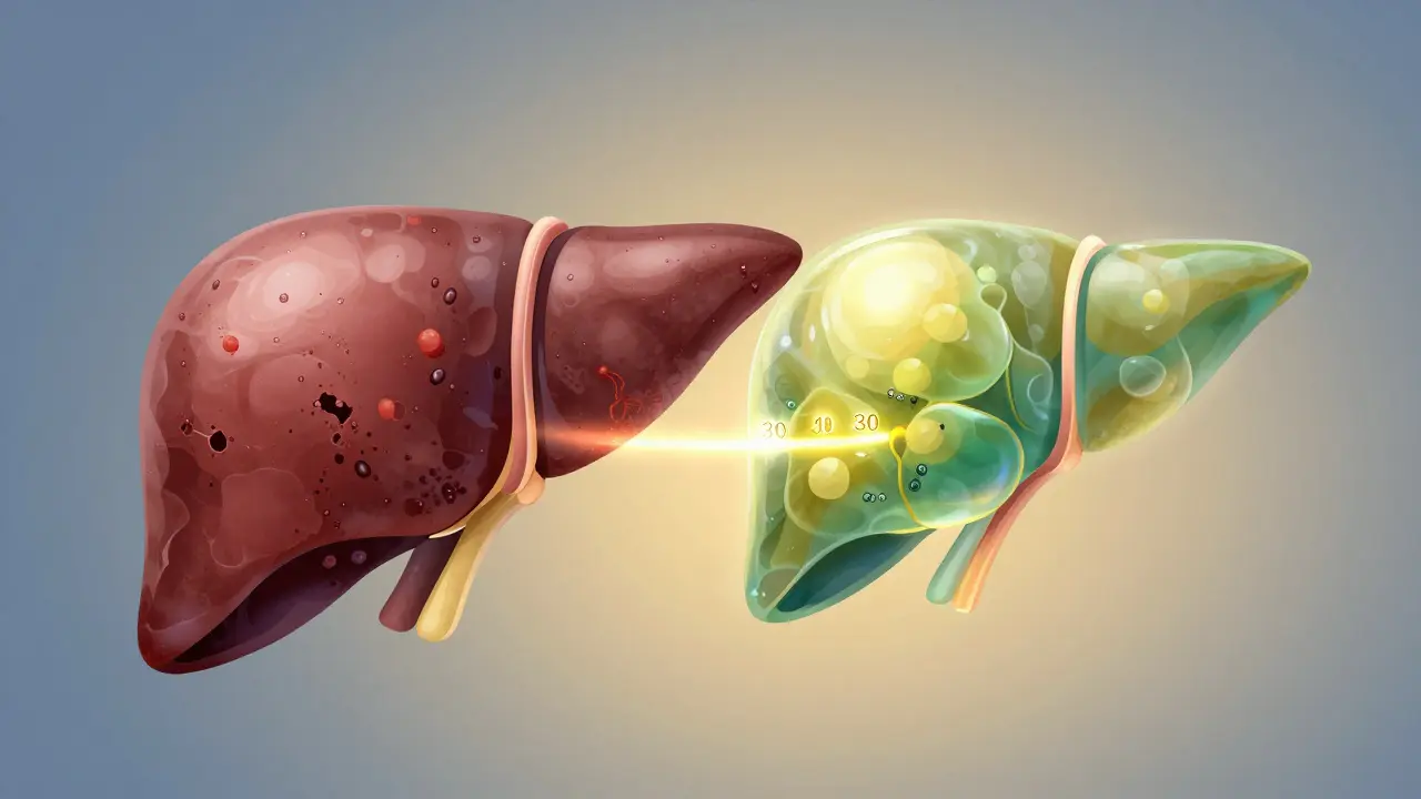 Transformace játra: z poškozeného a zatěžovaného na zdravé a jasné, symbolická ilustrace detoxikace.