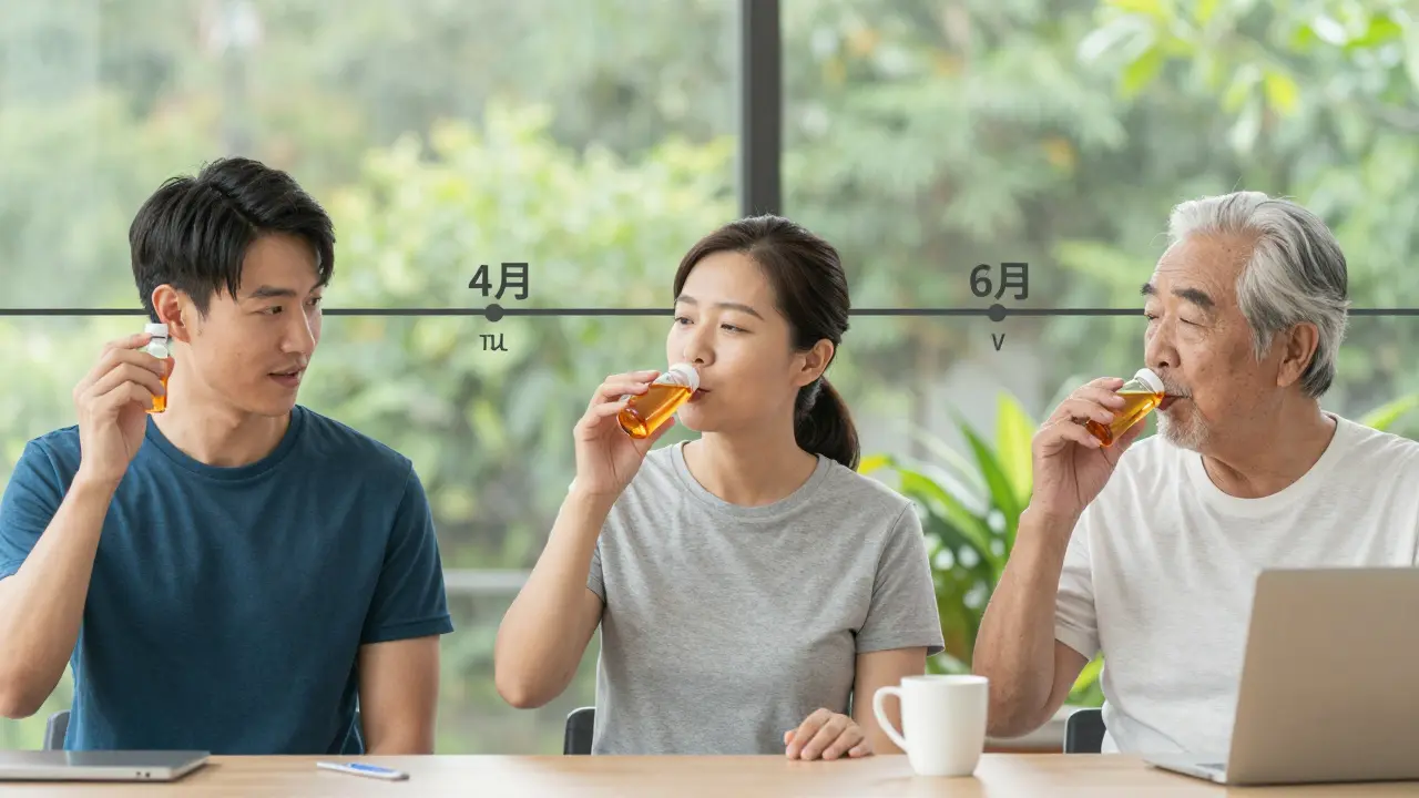 Tři generace berou kolagen v různých prostředích, symbolizující dlouhodobou péči o klouby.