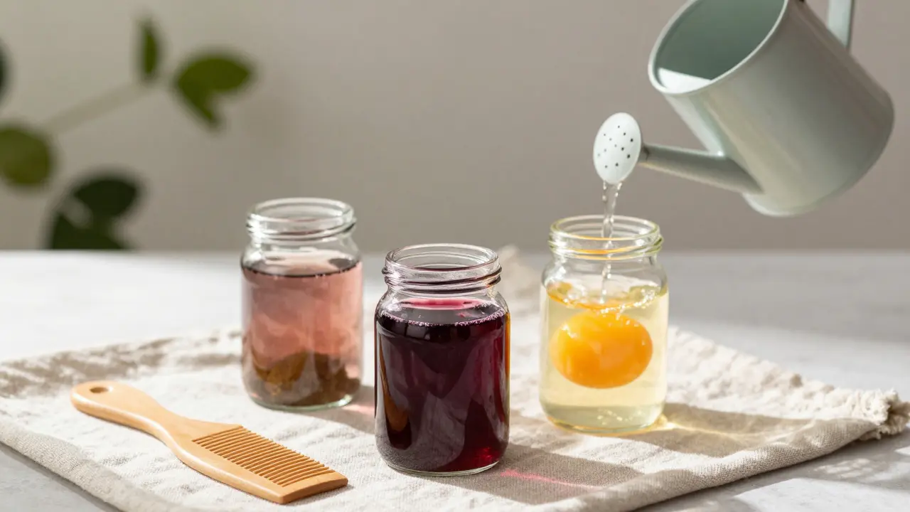 Tři skleněné nádoby s přírodními ingrediencemi pro péči o vlasy na lněné látce.