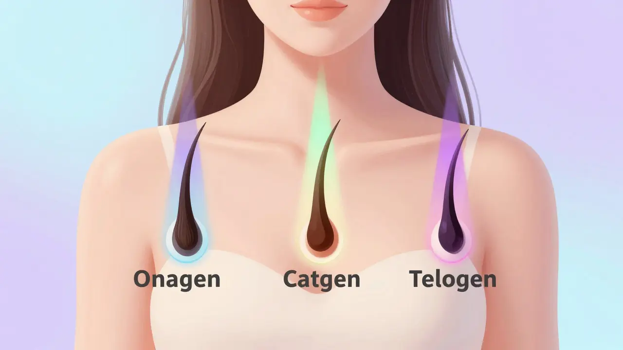 Umělecké znázornění cyklu růstu vlasů na těle.