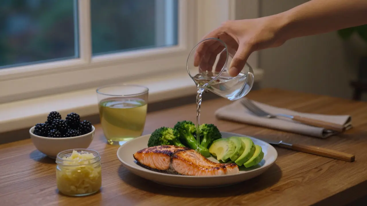 Večeře s lososem, brokolicí a avokádem vedle zeleného čaje a fermentovaného zelí.