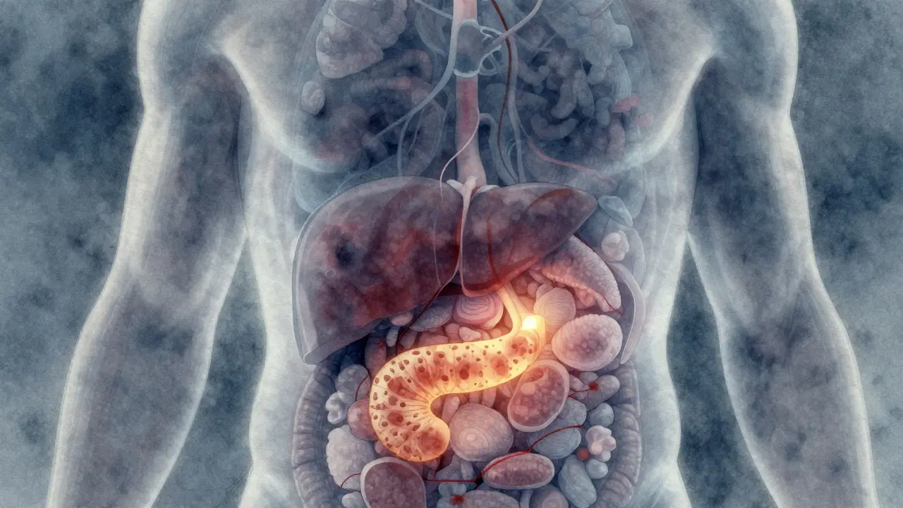 Vnitřní orgány s nádorem tlačícím na pankreas a játra.