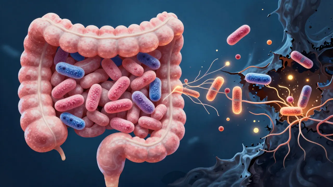 Vnitřní zobrazení střev s poškozenou mikroflórou po antibiotikách a obnovou pomocí laktobacilů.