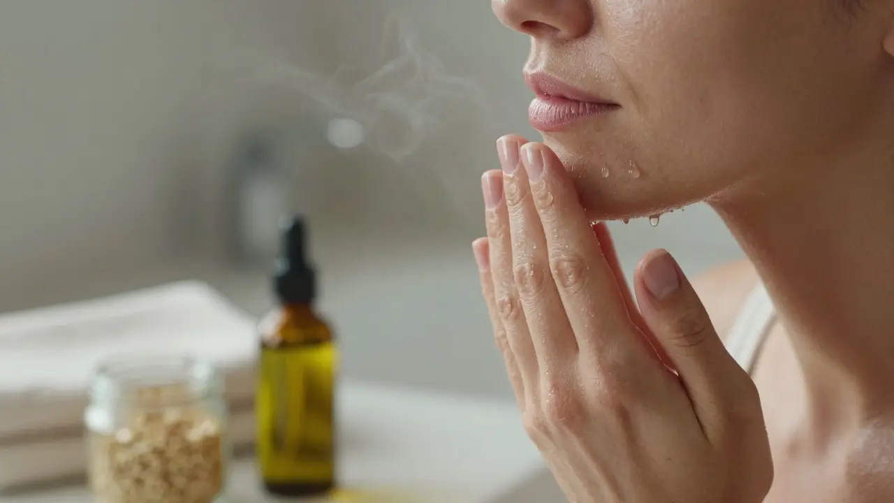 Žena čistí pleť olivovým olejem jen prsty, voda a přírodní ingredience kolem.