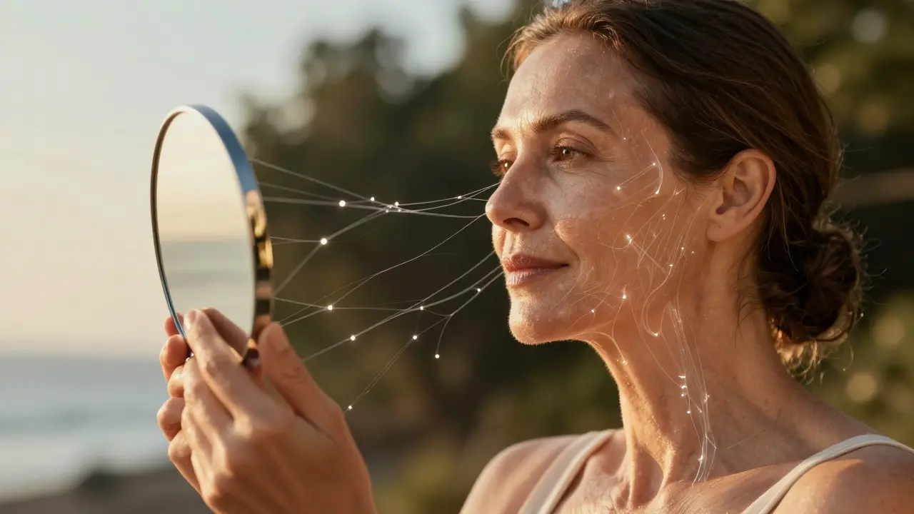 Žena se dívá do zrcadla, zatímco světelná vlákna kolagenu vstupují do její pokožky.