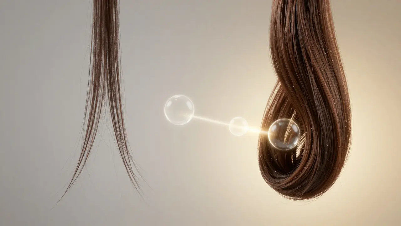 Dva vlasová vlákna vedle sebe: jedno tenké a poškozené, druhé plné a lesklé.