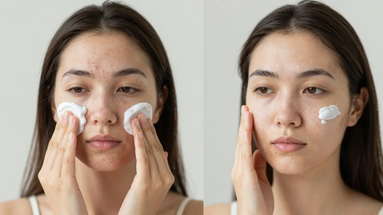 Dvě části obrázku: jedna s akné, druhá po 12 týdnech péče — ukazující zlepšení díky vědecky ověřené metodě.