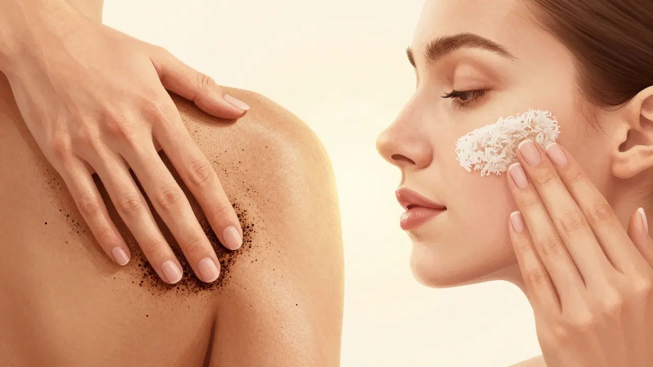 Dvě ruce: jedna aplikuje hrubý scrub na tělo, druhá jemný scrub na obličej, s výrazným rozdílem v textu kůže.