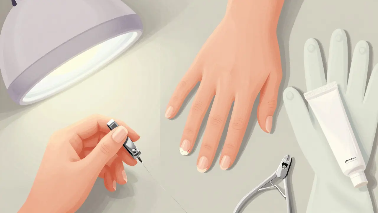 Dvě ruce: jedna s novou Shellac manikúrou, druhá s odlupující se manikúrou po třech týdnech.