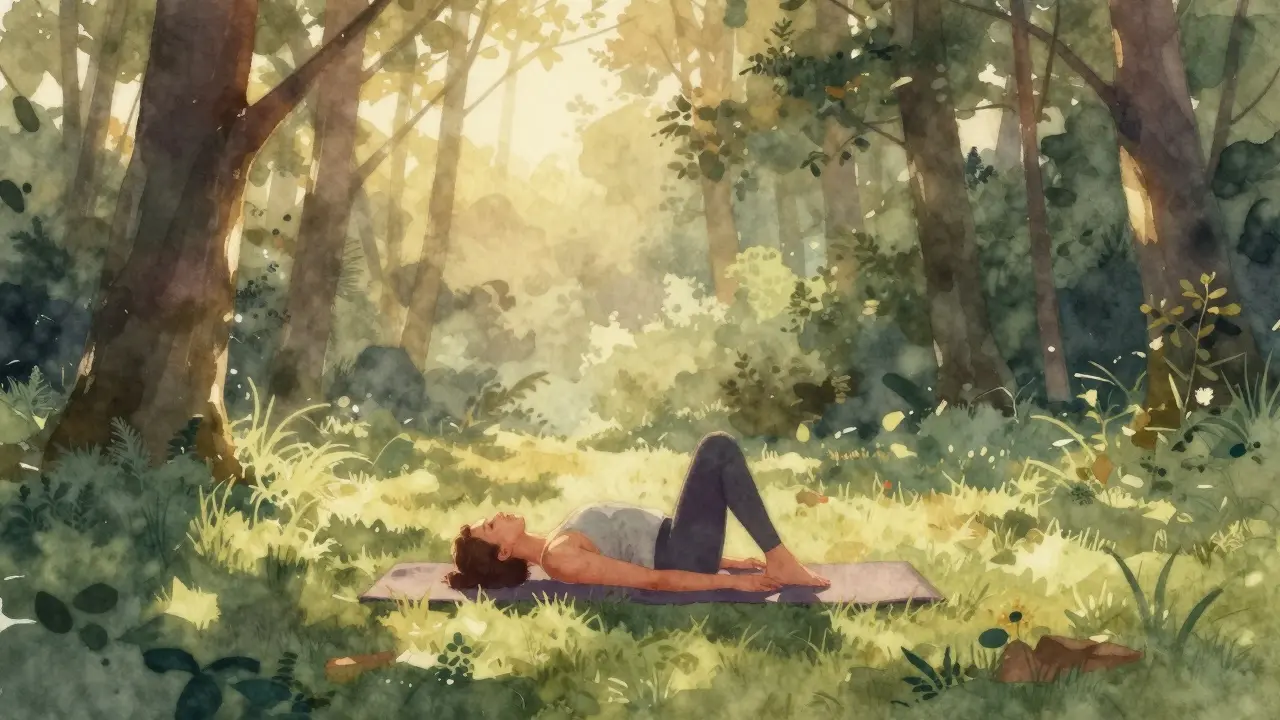 Jóga v lesní čistině při východu slunce