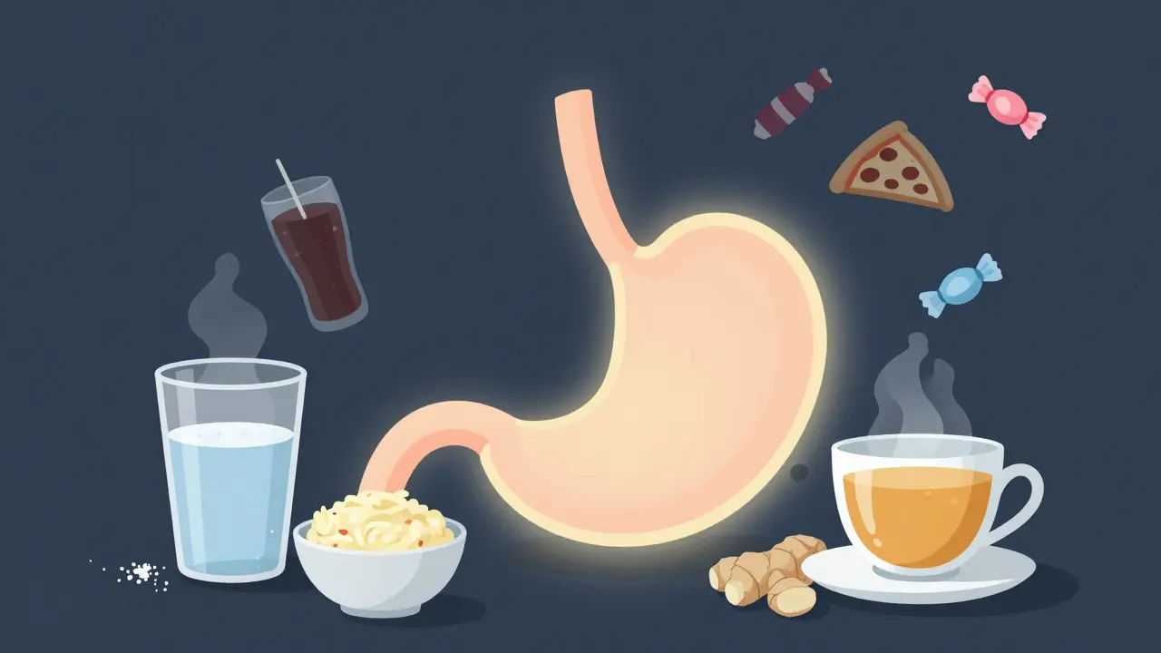 Klidný žaludek chráněný světlem, kolem něj probiotické potraviny, zatímco zpracované potraviny mizí.